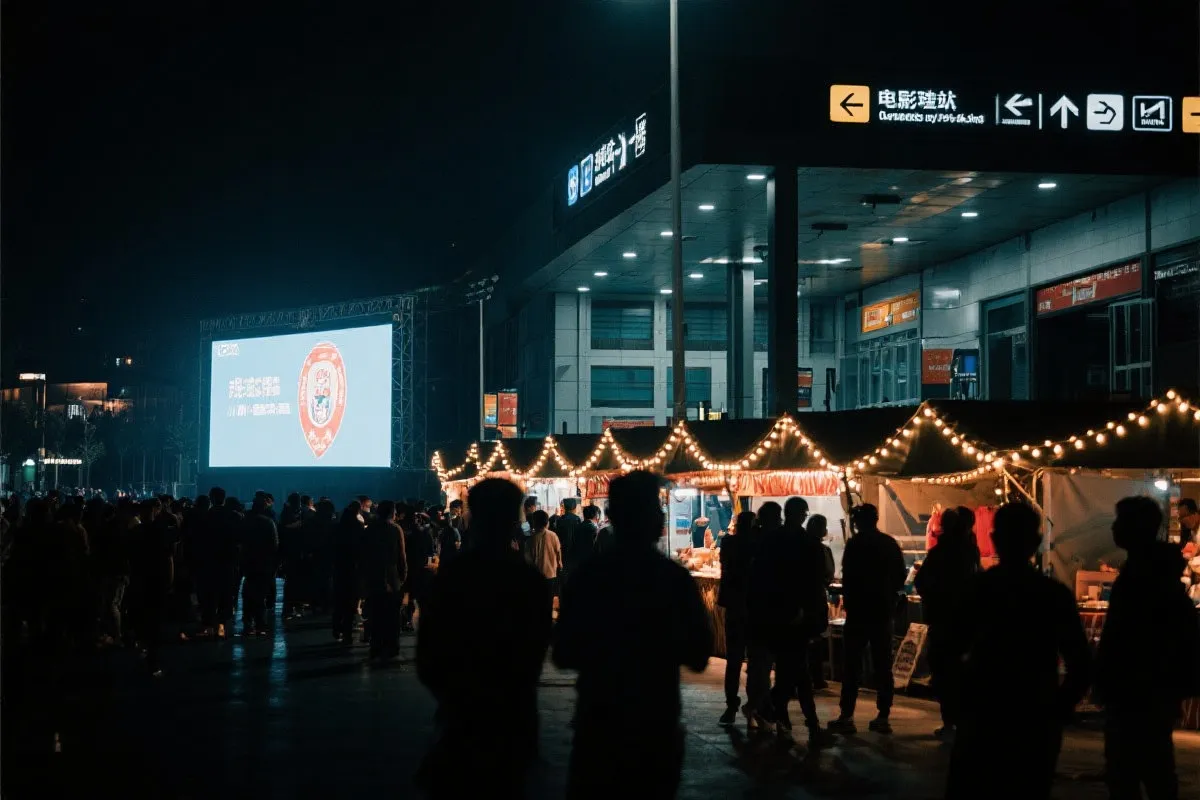 费城球迷广场夜景：大屏观赛人群、步行指示牌与公共交通入口
